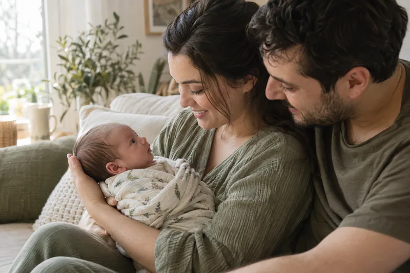Evdeki ilk günlerde yenidoğan bebekleriyle ilgilenen anne ve baba