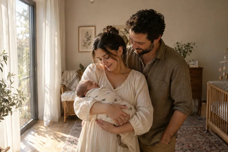 Pencere önünde bebekleriyle bir arada olan aile