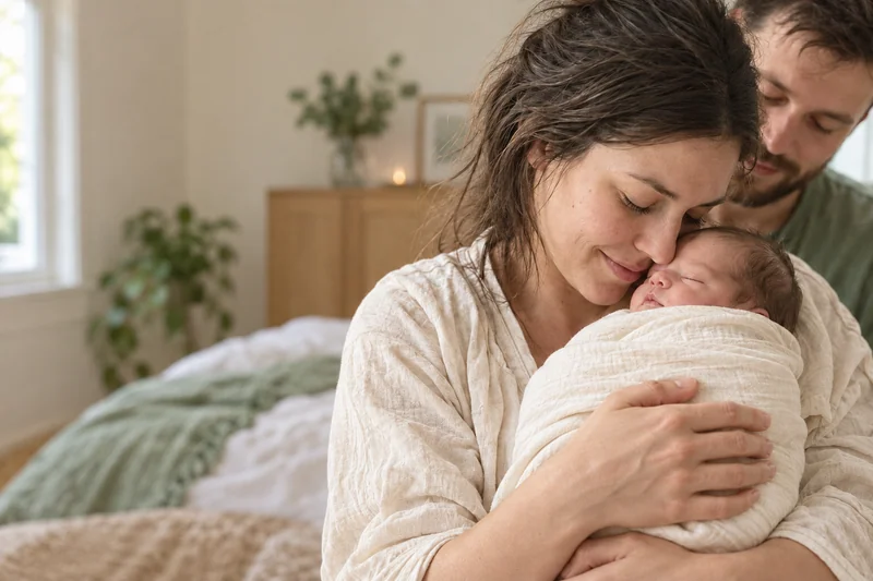 A mother holding her newborn in natural daylight, with her partner beside her